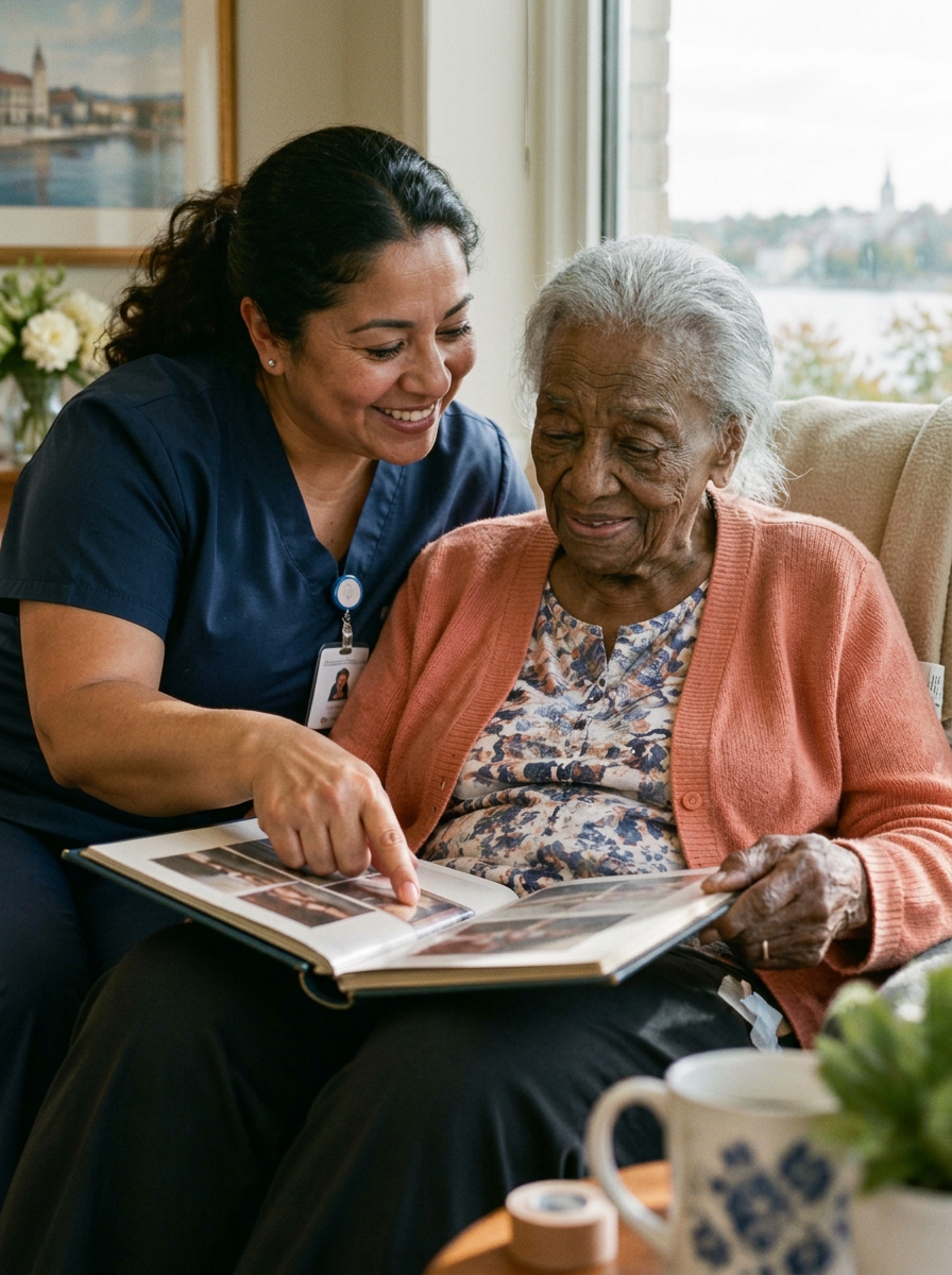 A Latina nurse looking through a family album with an older Black resident