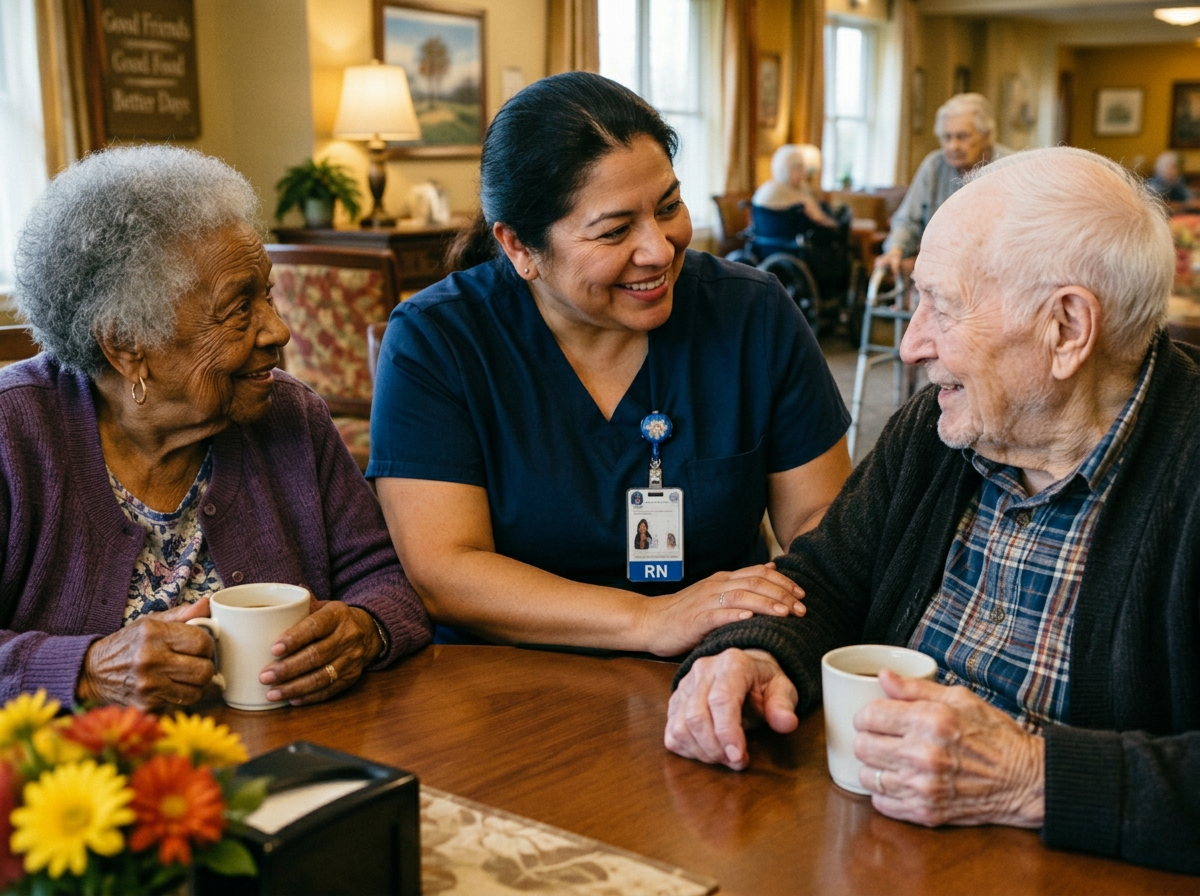 A smiling nurse sitting with two older residents over coffee