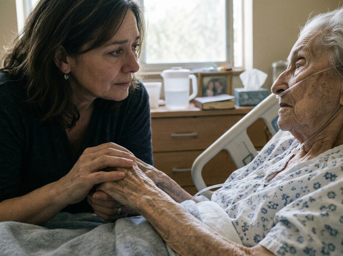A daughter gently holding her mother's hand at her nursing home bedside