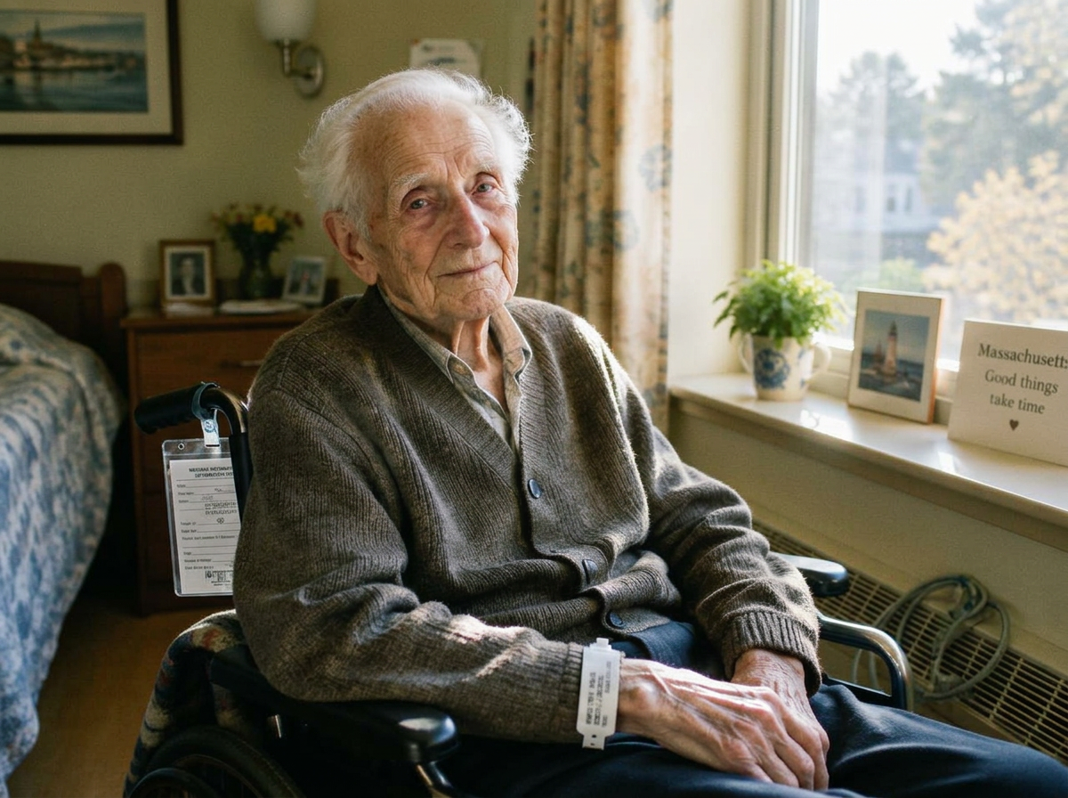 A frail older man sitting by the window in his nursing home room