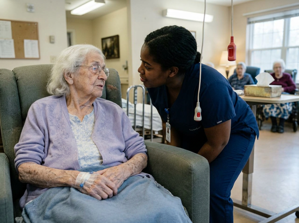 A caregiver leaning in to listen closely to a nursing home resident