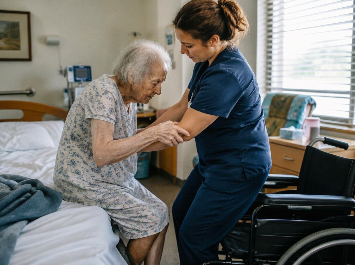 A caregiver helping a frail resident stand up from her bed